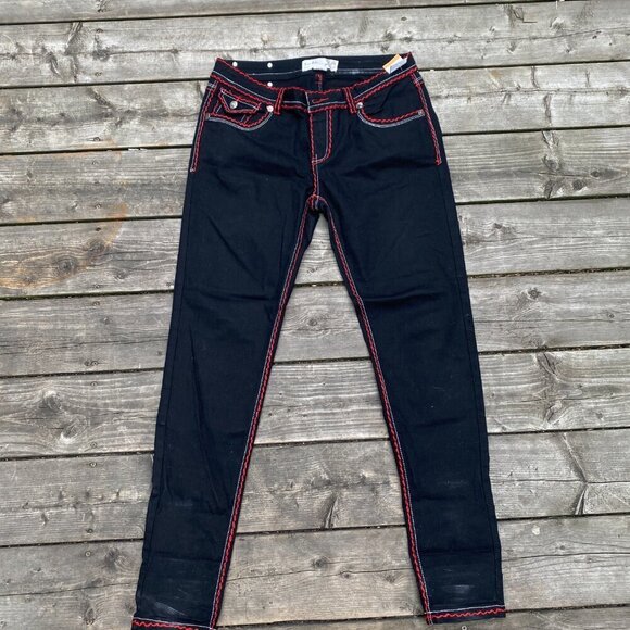 Vintage Triple Contrast Stitch Raw Blue Reflex Embroidered Jeans Size 11/12 Y2K - Picture 7 of 9